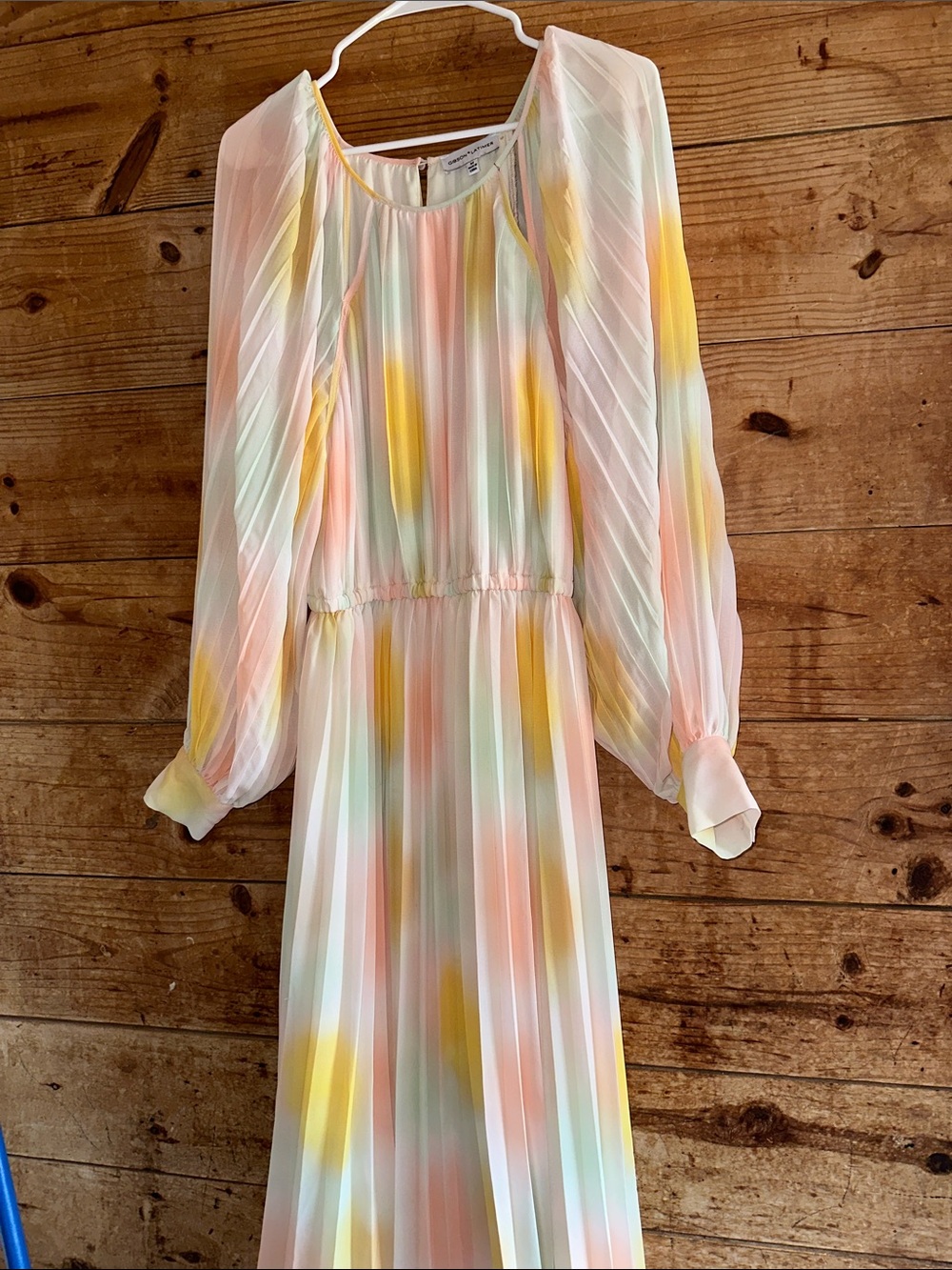 Gibson Latimer Pastel Watercolor Pleated Maxi Dress in Peach, Yellow, Mint
